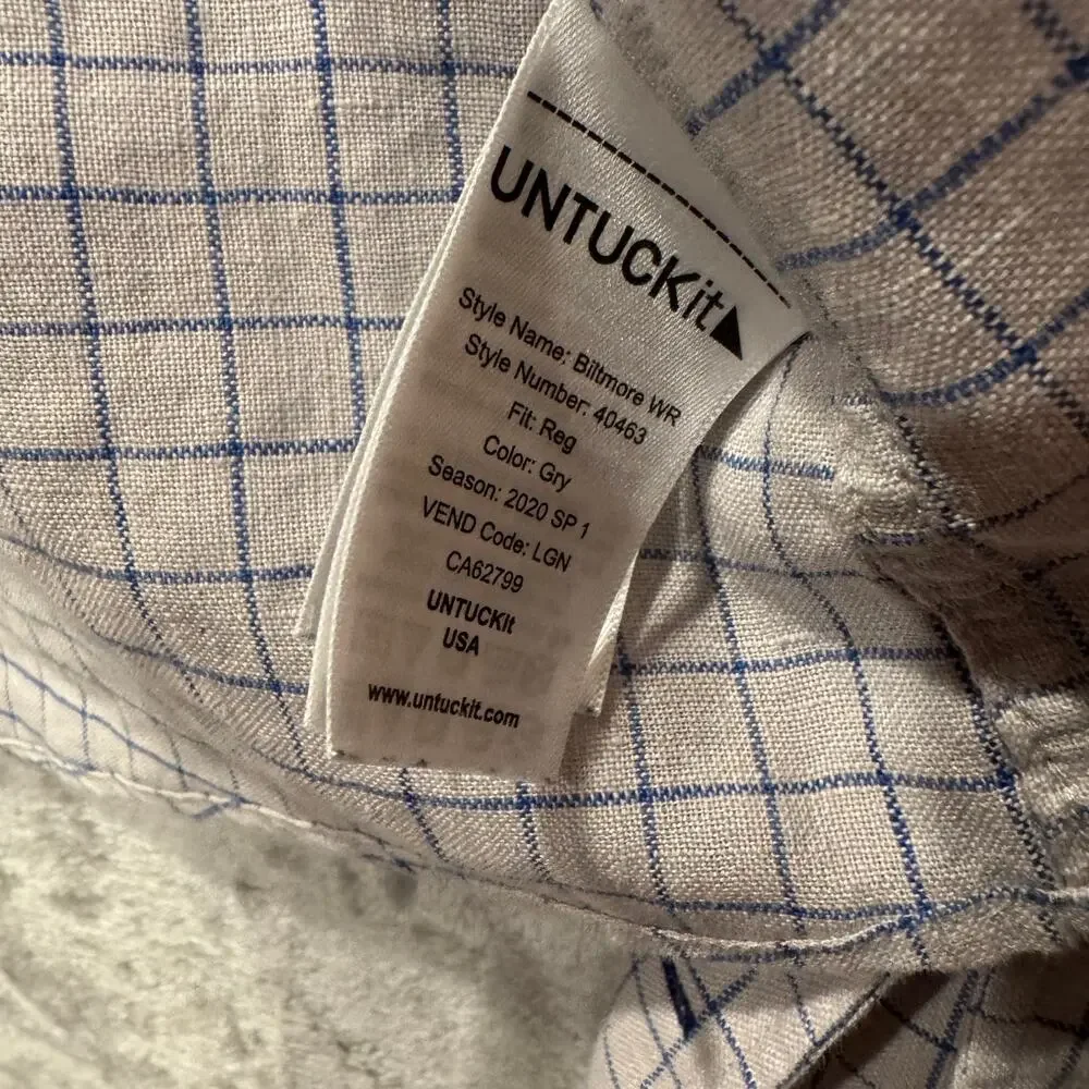 Untuckit Button Down Shirt Linen Size Large Wrinkle Resistant Checkered Office
